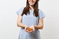 Close up cropped photo of woman hold in hands brown unprocessed almonds nuts isolated on white background. Proper Royalty Free Stock Photo