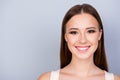 Close up cropped photo of young cute charming lady on the pure l Royalty Free Stock Photo