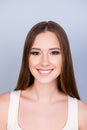 Close up cropped photo of young cute charming lady standing on t Royalty Free Stock Photo