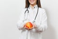 Close up cropped portrait smiling young doctor woman with stethoscope isolated on white background. Female doctor in Royalty Free Stock Photo