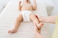 Close-up cropped shot of unrecognizable mother or masseuse massaging foot of infant baby. Little infant receiving feet