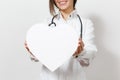 Close up cropped smiling doctor woman with stethoscope isolated on white background. Female doctor in medical gown Royalty Free Stock Photo