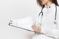 Close up cropped young doctor woman with stethoscope, glasses isolated on white background. Female doctor in medical Royalty Free Stock Photo