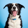 Close-up of a Crossbreed dog in front of a blue background. A happy black and white Terrier mixed breed dog looking up at the