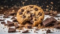 Crumbled chocolate chip cookie with visible chunks of chocolate and scattered crumbs. Sweet treat