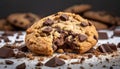 Crumbled chocolate chip cookie with visible chunks of chocolate and scattered crumbs. Sweet treat