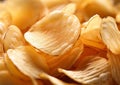 Close up of crunchy lightly salted potato crisps chips on table.Macro.AI Generative