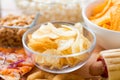 Close up of crunchy potato crisps in glass bowl