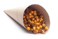 Close-Up of Crunchy Roasted Chana Masala In handmade handcraft brown paper cone bag, made with Bengal Grams or Chickpeas.