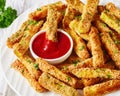 Close-up of crunchy zucchini sticks, top view