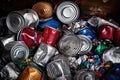 close-up of crushed aluminum cans in a recycling bin