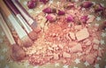 Close-up of crushed powder and blush beige color with makeup brush Royalty Free Stock Photo