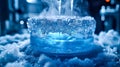 Close-up of a cryogenic freezing process with ice forming in a lab