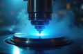 Close-up of cryogenic machining process, featuring advanced technology and industrial precision. A machine emits blue smoke and Royalty Free Stock Photo