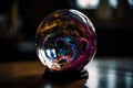 close-up of crystal ball, with streaks of light and color swirling within