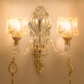 Close up on crystal of classic style chandelier, is a branched ornamental light fixture