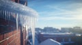 A close-up of a crystal-clear icicle hanging from the edge of a snowy rooftop