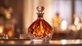 A close-up of a crystal decanter with amber liquid. Generative AI