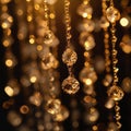 Close-up of crystal pendants of luxurious chandelier. Noble crystal rhinestones with glare of warm light. Shallow depth Royalty Free Stock Photo