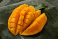 Close up of cube cut ripe mango, delicious tropical summer fruit