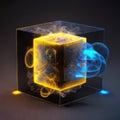 close-up of a cube from which a glowing yellow light comes out. the quantum physics