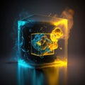 close-up of a cube from which a glowing yellow light comes out. the quantum physics