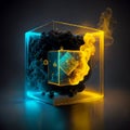 close-up of a cube from which a glowing yellow light comes out. the quantum physics