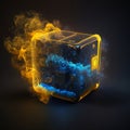 close-up of a cube from which a glowing yellow light comes out. the quantum physics