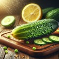 close-up of a cucumber with dew on a cutting board with orange slice and peas