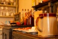 Close Up of Cup and Bottles of Marmelade for Breackfast in English Cottage in Countryside Royalty Free Stock Photo