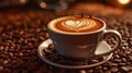 Close Up of Cup of Cappuccino Coffee Drawn with a Heart on Selective Focus Background