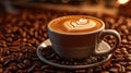 Close Up of Cup of Cappuccino Coffee Drawn with a Heart on Selective Focus Background