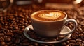 Close Up of Cup of Cappuccino Coffee Drawn with a Heart on Selective Focus Background