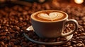 Close Up of Cup of Cappuccino Coffee Drawn with a Heart on Selective Focus Background