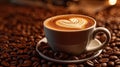 Close Up of Cup of Cappuccino Coffee Drawn with a Heart on Selective Focus Background Royalty Free Stock Photo