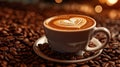 Close Up of Cup of Cappuccino Coffee Drawn with a Heart on Selective Focus Background