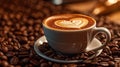 Close Up of Cup of Cappuccino Coffee Drawn with a Heart on Selective Focus Background