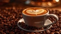 Close Up of Cup of Cappuccino Coffee Drawn with a Heart on Selective Focus Background