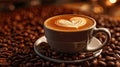 Close Up of Cup of Cappuccino Coffee Drawn with a Heart on Selective Focus Background