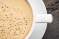 close up cup of cappuccino on the retro wooden table, cappuccino