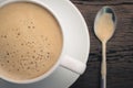 close up cup of cappuccino on the retro wooden table, cappuccino