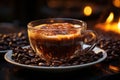 A close-up of a cup of coffee with a coffee beans and steam, representing the comforting ritual of enjoying a warm beverage.