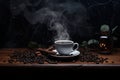 Close-up with cup and coffee beans on the wooden table, smoke, green leaves on dark background Royalty Free Stock Photo