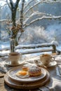 Close-up of cup of breakfast and coffee with snow view