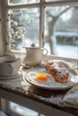 Close-up of cup of breakfast and coffee with snow view