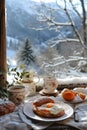 Close-up of cup of breakfast and coffee with snow view