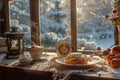 Close-up of cup of breakfast and coffee with snow view