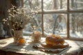 Close-up of cup of breakfast and coffee with snow view