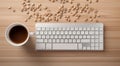 close-up of cup of coffee and laptop keyboard, business mans table, keyboard on the table, close-up of laptop keyboard