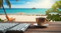 close-up of cup of coffee and laptop keyboard, business mans table, keyboard on the table, close-up of laptop keyboard